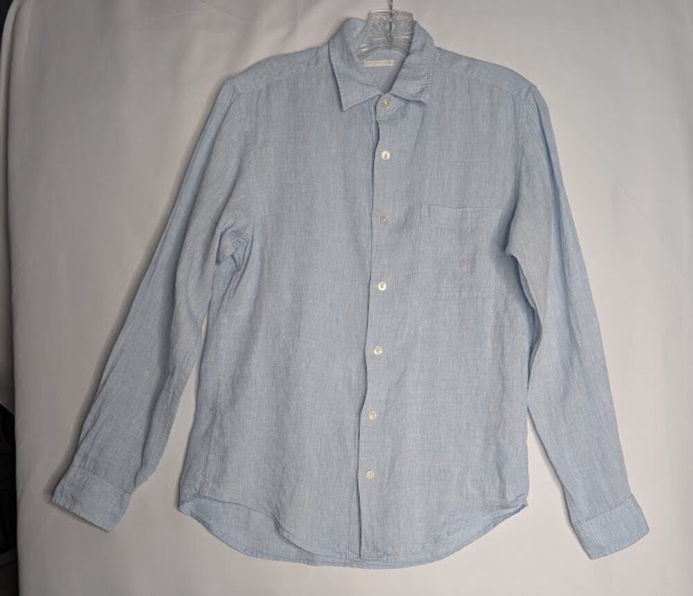 GU Mens natural 100% Flax Button up long sleeve light blue shirt size small